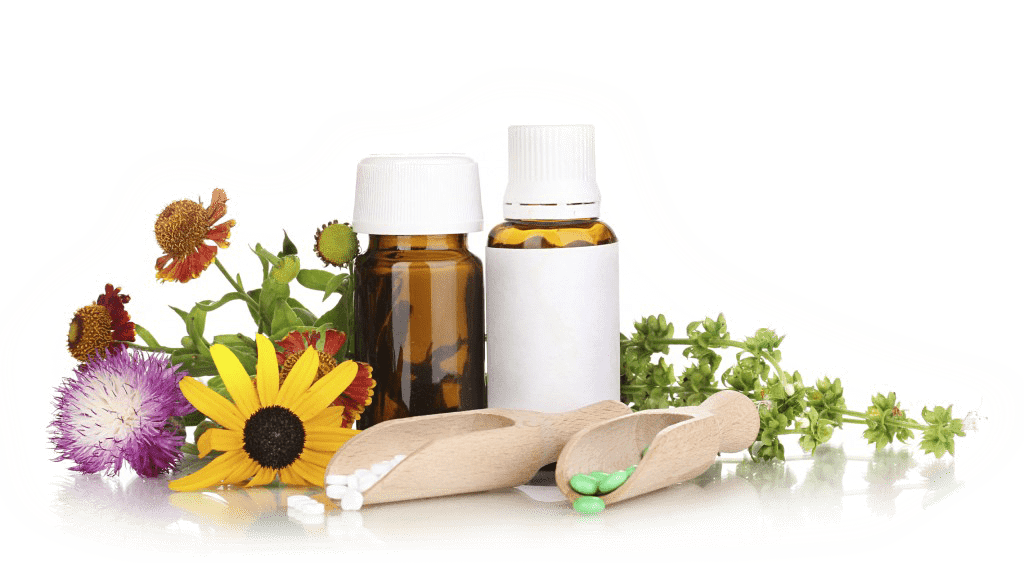 Botellas de esencias naturales y cápsulas homeopáticas para el bienestar y la salud integral Natural essence bottles and homeopathic capsules for comprehensive well-being and health